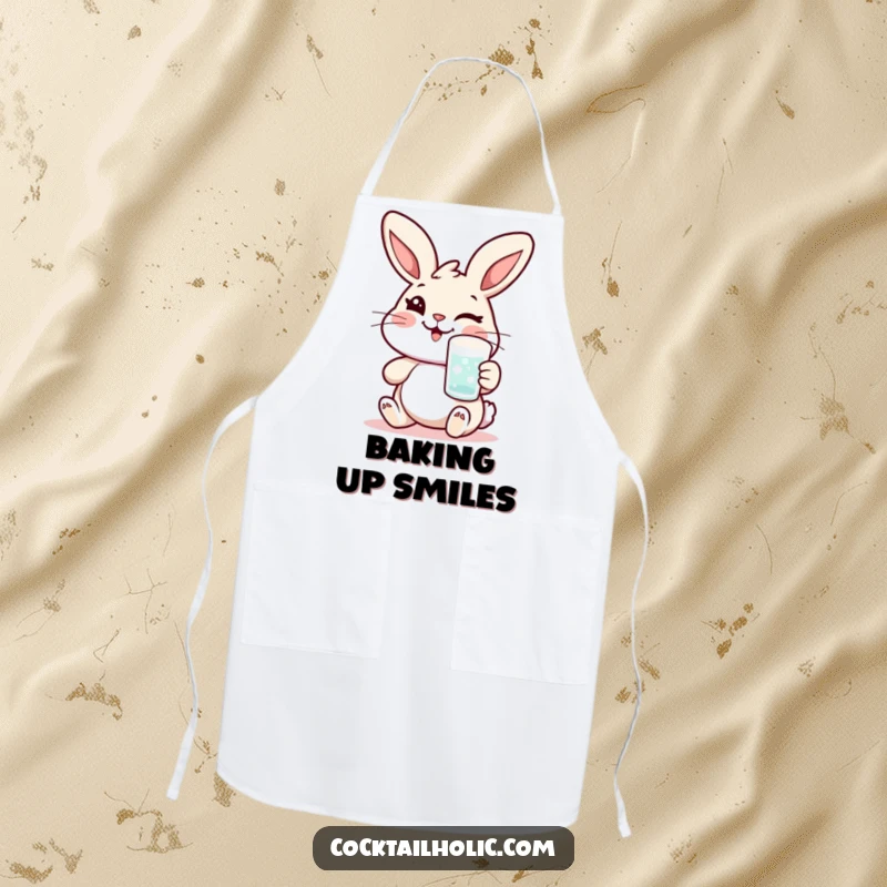 Funny rabbit apron showcasing a cheerful character winking and holding a frosted glass, adding charm to kitchen tasks.