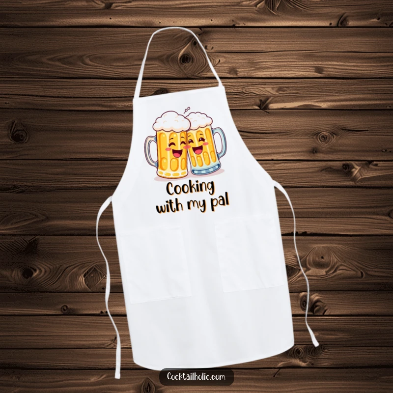 Funny apron showcasing two happy beer mugs high-fiving, perfect for grilling or cooking, adding humor to the kitchen.