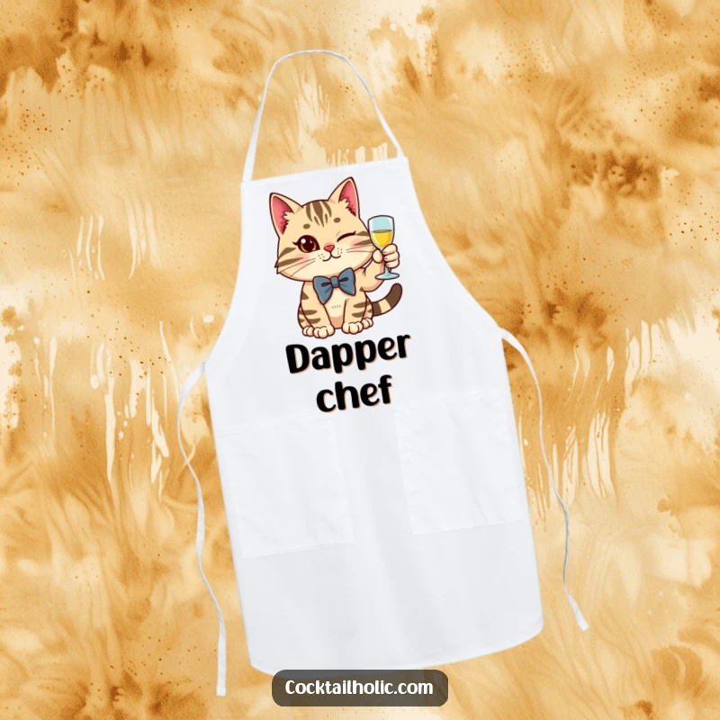 Funny cat in a bow tie raising a glass with a wink, on a kitchen apron.