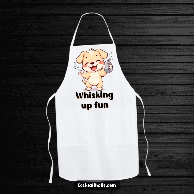 Joyful puppy character exuberantly shaking a cocktail shaker, spraying tiny bubbles, printed on a functional kitchen apron.