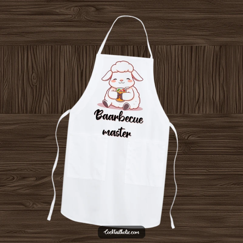 Funny Sheep Apron: Contented sheep relaxing with a fruity beverage, a humorous and practical apron for kitchen ease.