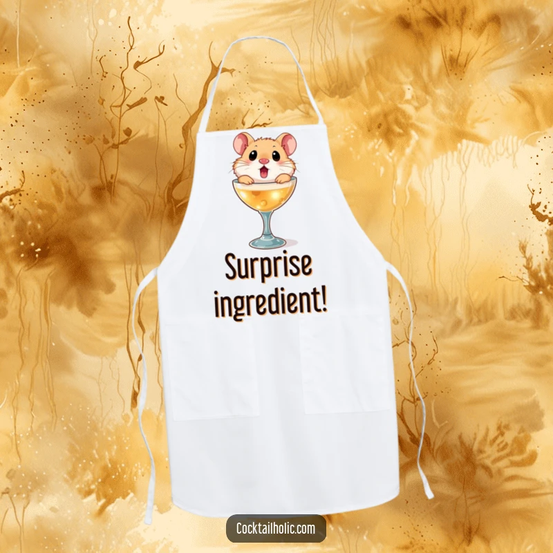 Funny hamster apron, featuring a surprised hamster popping out of a miniature cocktail glass, for comical cooking moments.