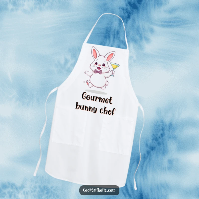 Funny apron showing a fluffy white bunny in a bowtie, gleefully hopping and holding a miniature martini glass while serving drinks.
