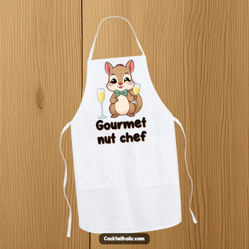 Funny squirrel wearing a bow tie, holding a champagne flute, on a kitchen apron.