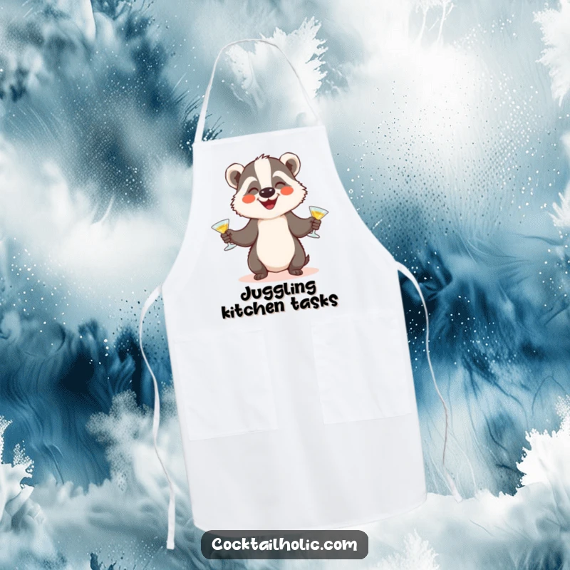 Funny badger juggling apron showing a happy badger character juggling three miniature cocktail glasses, perfect for kitchen fun.
