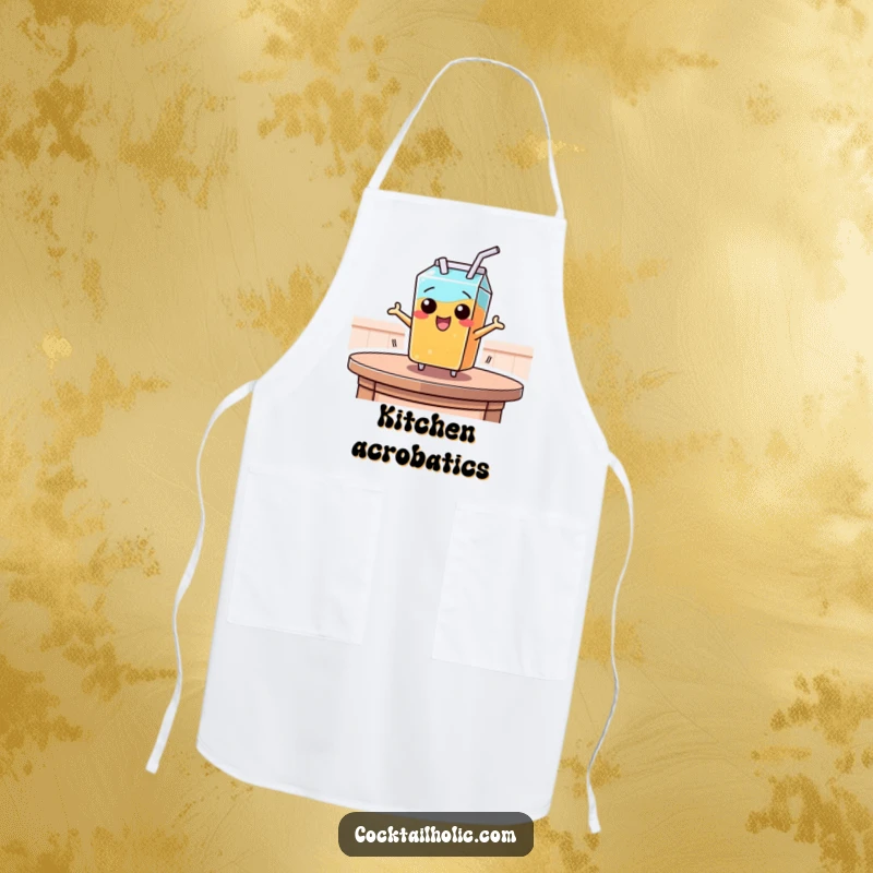 Funny apron illustrating a juice box with a straw leaping off a table, bringing energetic fun to the kitchen, a great gift.