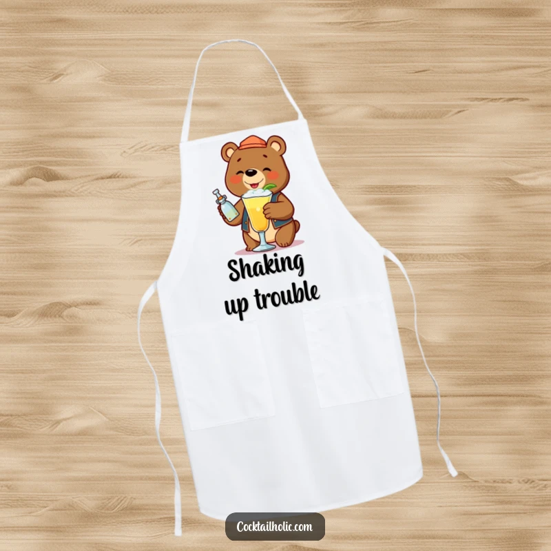Funny bear bartender shaking a frothy cocktail, on a durable kitchen apron.