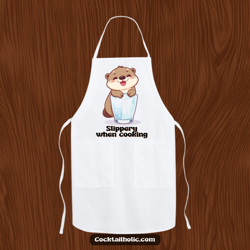Funny otter grinning, sliding down an ice cube into a glass, on a kitchen apron, for cooking.