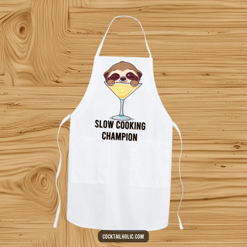 Funny apron with a sleepy sloth peeking happily over a giant martini glass, ideal for kitchen relaxation.