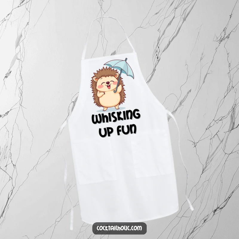 Funny apron with a giggling hedgehog doing a silly dance, holding a tiny umbrella in its paw.