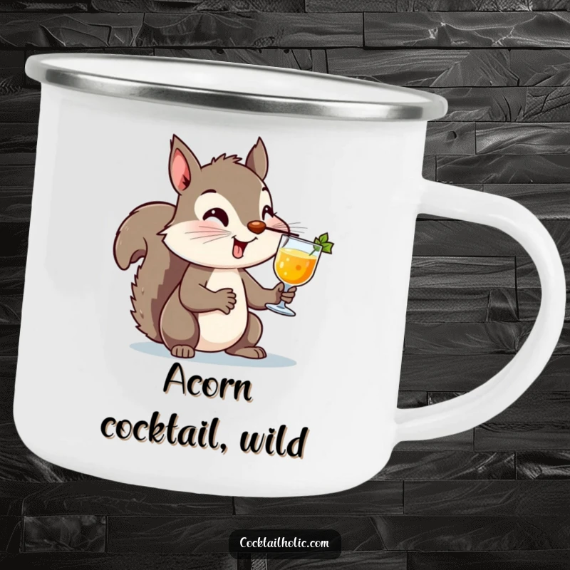 Funny Squirrel Cocktail Camping Mug: A durable mug featuring a mischievous squirrel balancing a cocktail on its nose, perfect for outdoor fun with humor.