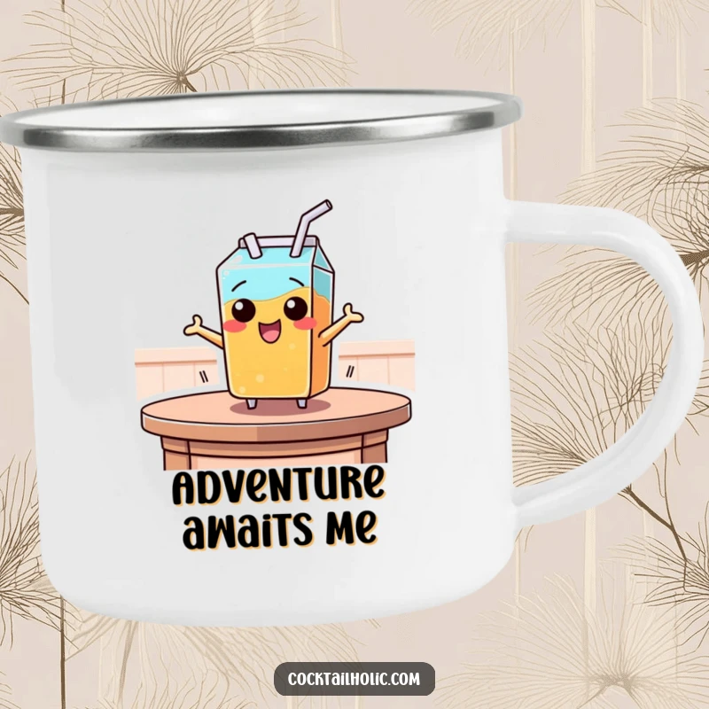 Funny camping mug featuring a juice box with a straw leaping energetically from a table, perfect for campfire tales and fun.