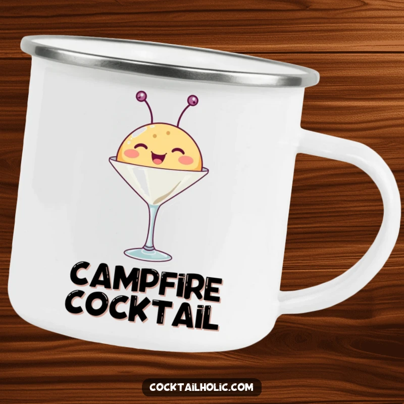 Funny camping mug featuring a happy, round creature with antennae wiggling from a martini glass, ready for outdoor fun.