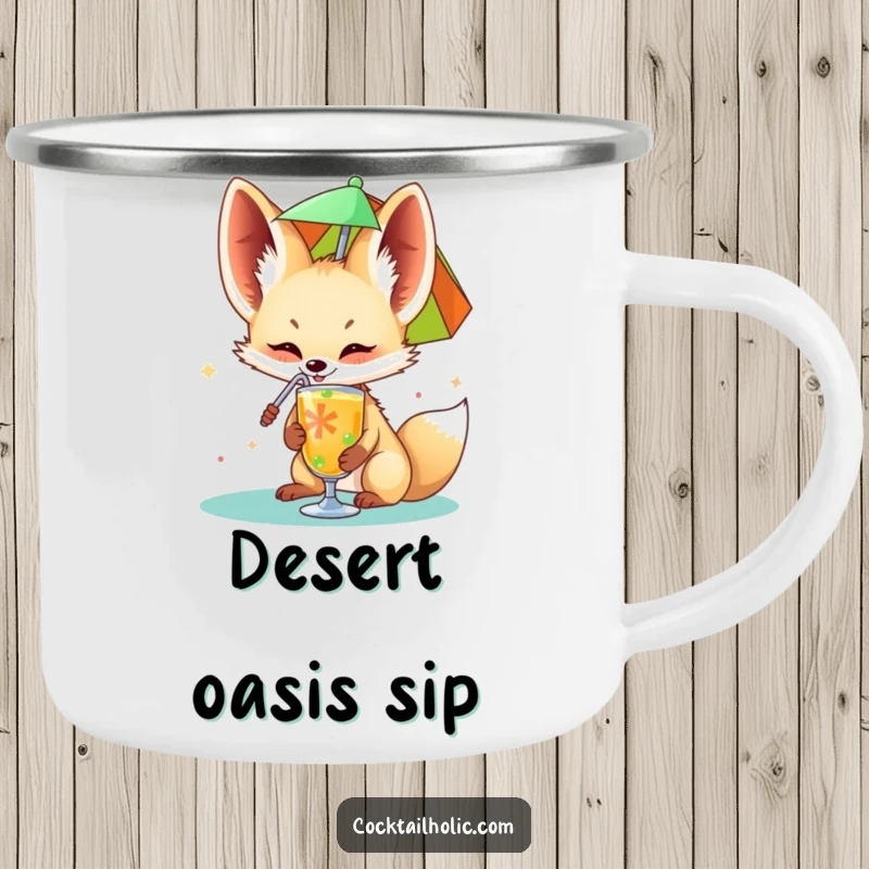 Funny fennec fox camping mug happily sipping from a colorful drink umbrella, a durable and humorous mug.