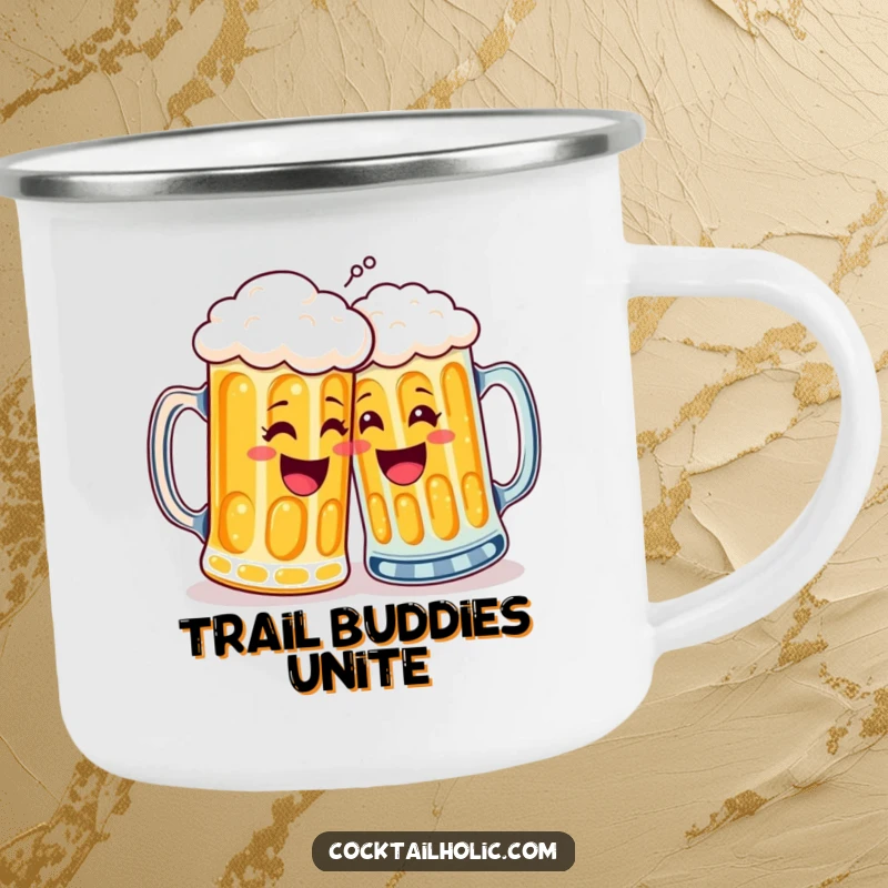 Funny camping mug with two jubilant beer mugs high-fiving, designed for outdoor fun and good cheer, a rugged gift.
