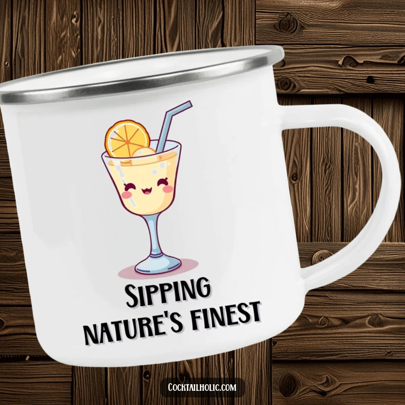 Funny Kawaii cocktail glass with a straw, hilariously trying to sip a giant bubble, durable and humorous camping mug.