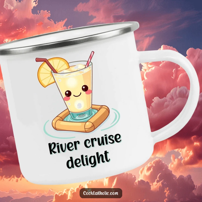 Funny Kawaii cocktail glass with a contented smile, floating on a miniature raft, a durable and humorous camping mug.