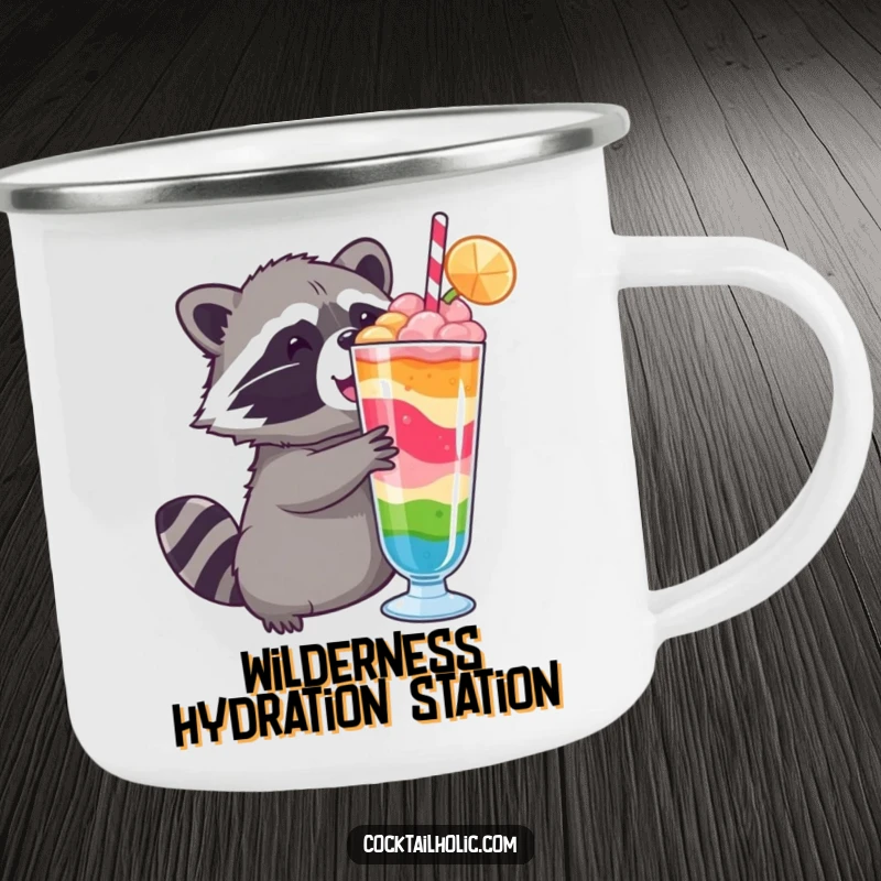 Funny raccoon camping mug, depicting a cute raccoon reaching for a luscious layered drink during an outdoor escapade.