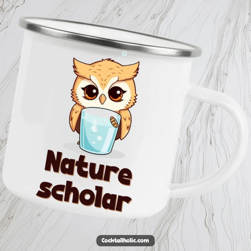 Funny Owl Camping Mug: Curious owl looking intently at a bubbling drink, a humorous and durable mug for outdoor adventures.