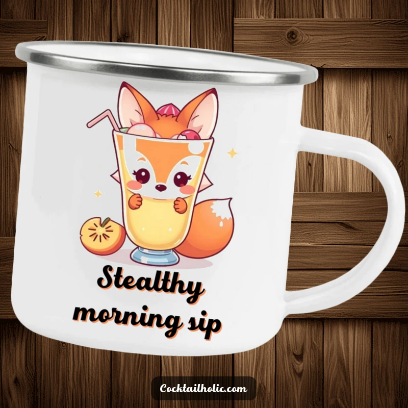 Funny fox camping mug with a shy character peeking behind a giant cocktail, perfect for outdoor drinks and subtle humor.