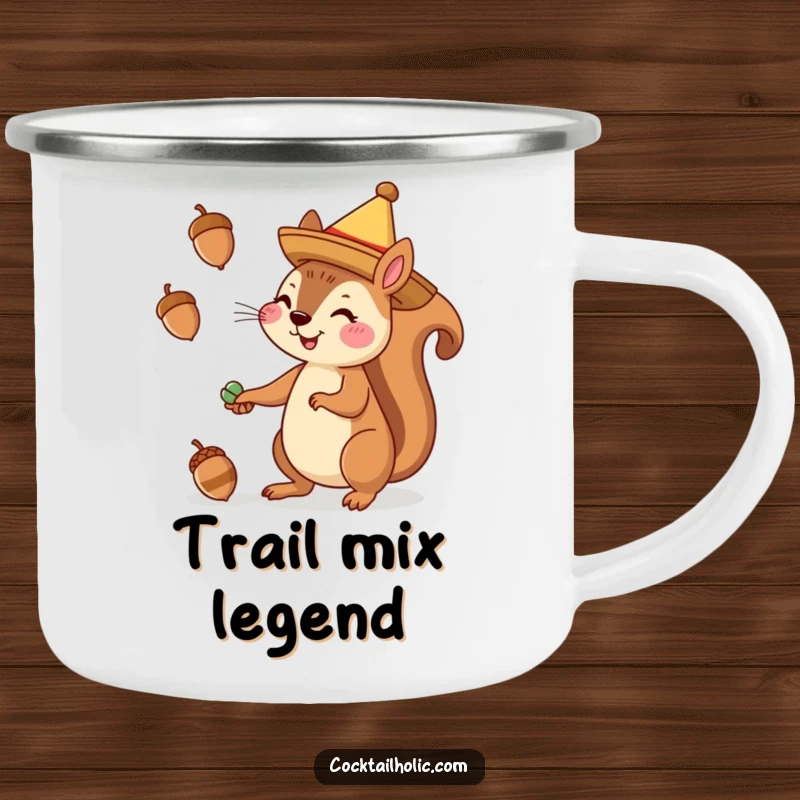Funny camping mug shows a cheerful squirrel wearing a sombrero juggling acorns, ideal for outdoor humor.