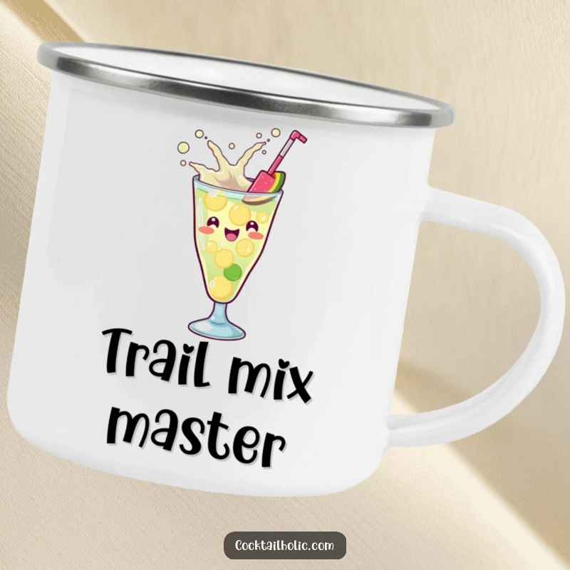 Funny Kawaii cocktail glass with a playful splash, enthusiastically mixing ingredients, a durable and humorous camping mug.