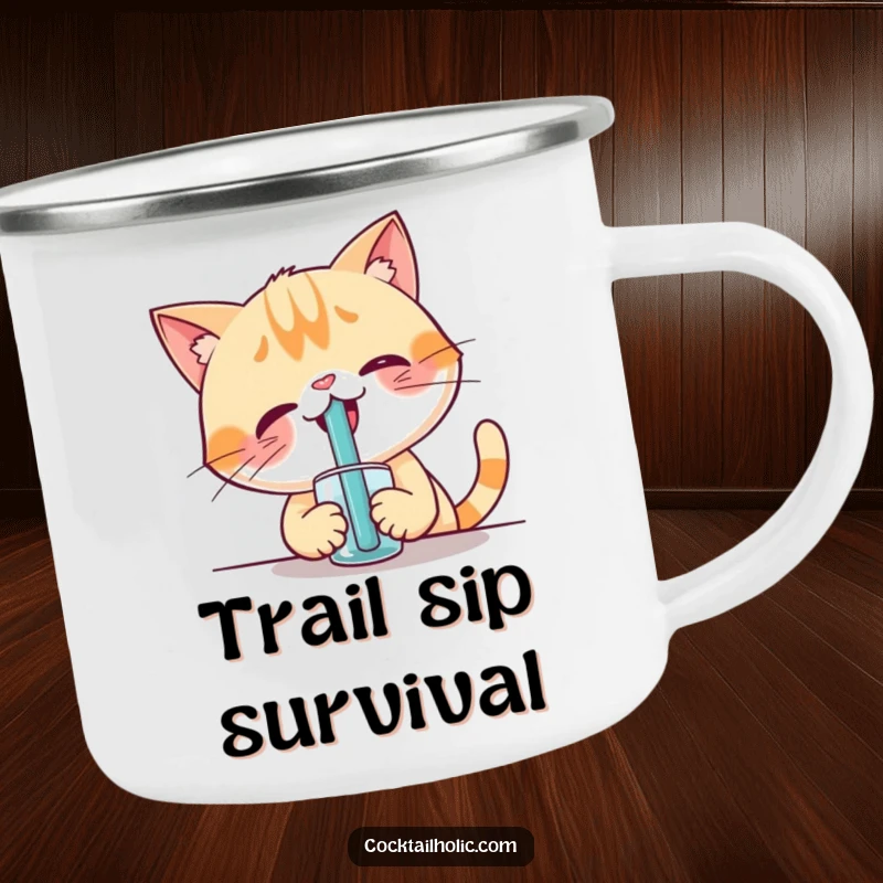 Funny camping mug featuring a giggling cat trying to use a comically large straw, perfect for outdoor enthusiasts.