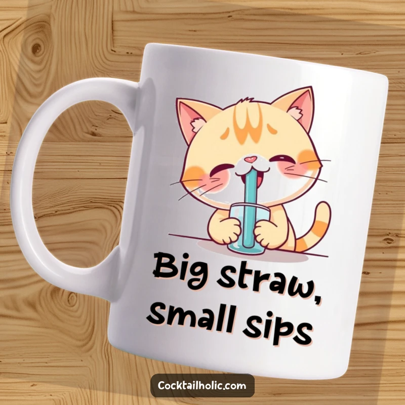 Funny mug showing a giggling cat struggling to sip from an oversized straw, a humorous gift for cat lovers.