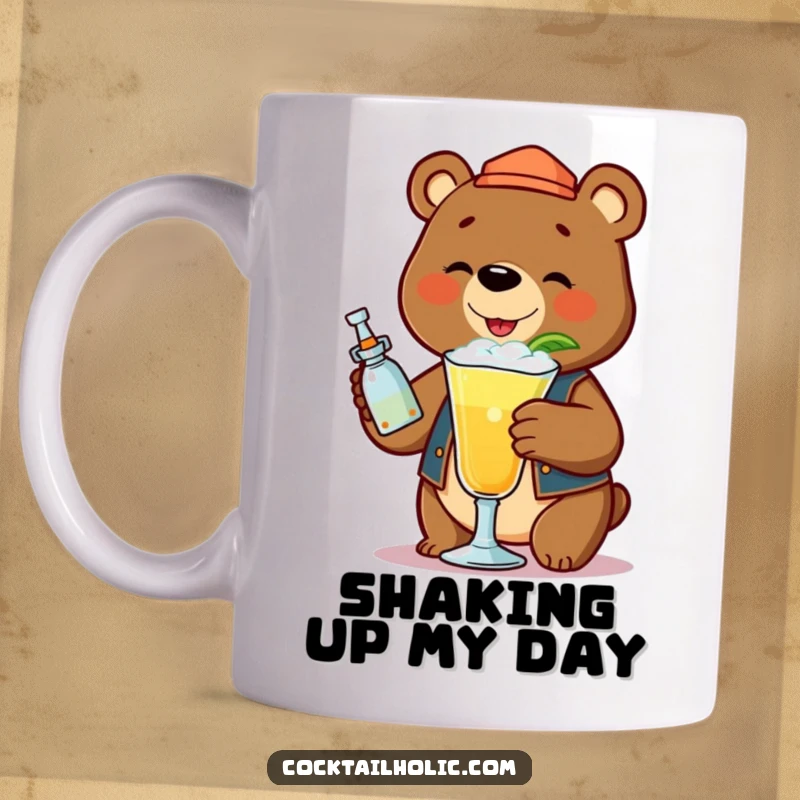 Funny bear bartender cheerfully shaking a cocktail with froth on a mug, for cocktail lovers.