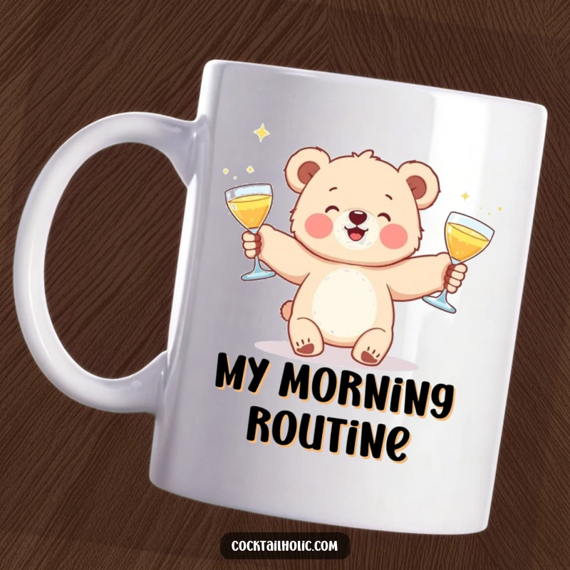 Funny mug with a fluffy bear cub expertly juggling three shimmering cocktail glasses, radiating pure joy and party vibes.