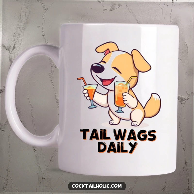Funny Dog Mug: Delighted dog wagging its tail with a cocktail, a humorous and happy gift for dog enthusiasts.