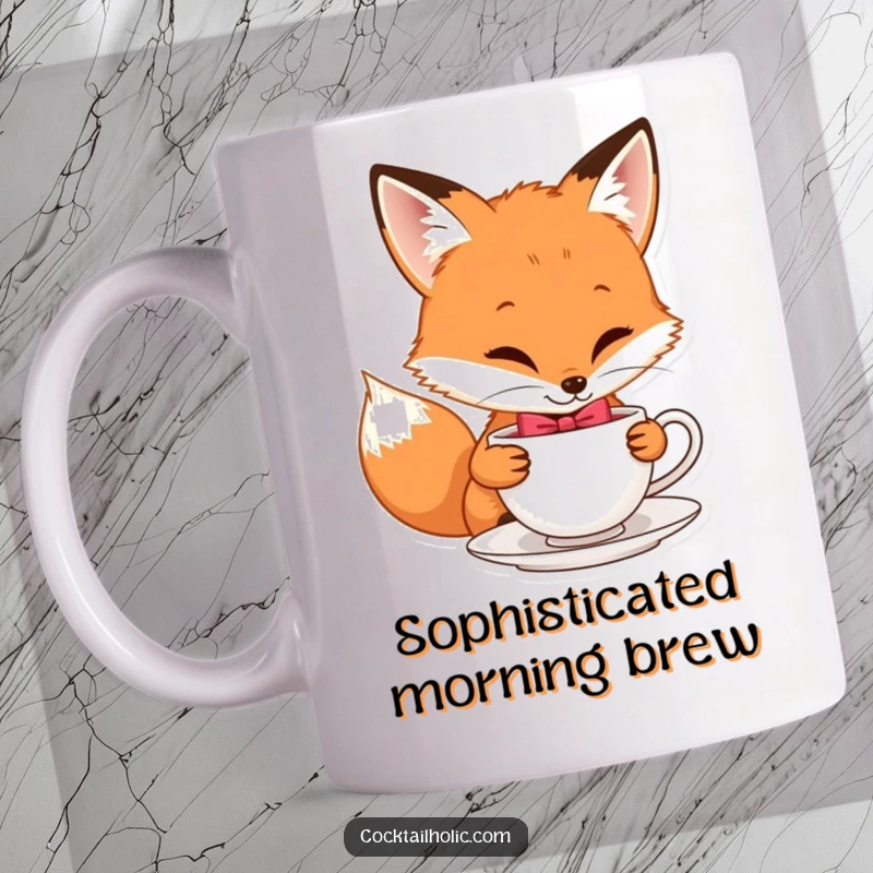 Funny fox mug featuring a playful character in a bow tie sipping tea, perfect for charming tea lovers.