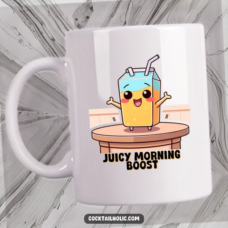 Funny mug showing a mischievous juice box with a straw leaping off a table, full of energy and playful abandon.