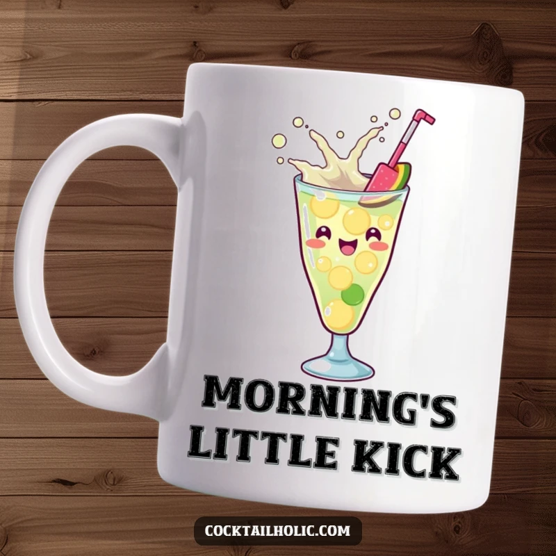 Funny Kawaii cocktail glass with a playful splash, enthusiastically mixing drink ingredients, a vibrant and humorous mug design.