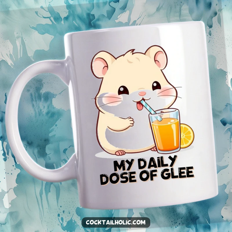 Funny hamster character joyfully slurping a bright beverage with a tiny straw, cute and humorous design for a mug.