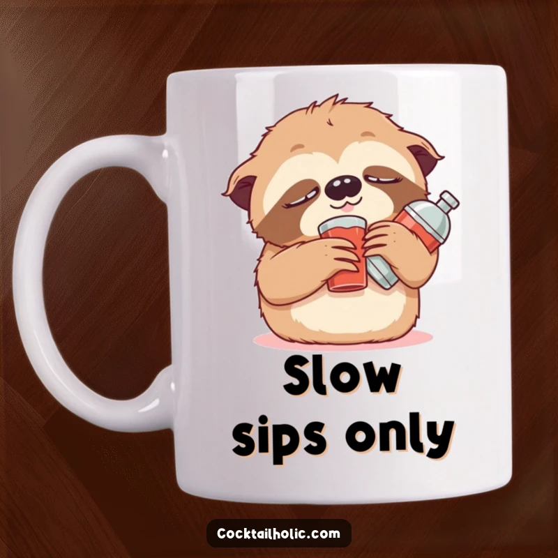 Funny Mug featuring a cute, drowsy sloth character propped up comfortably with a small stuffed cocktail shaker, embodying relaxation.