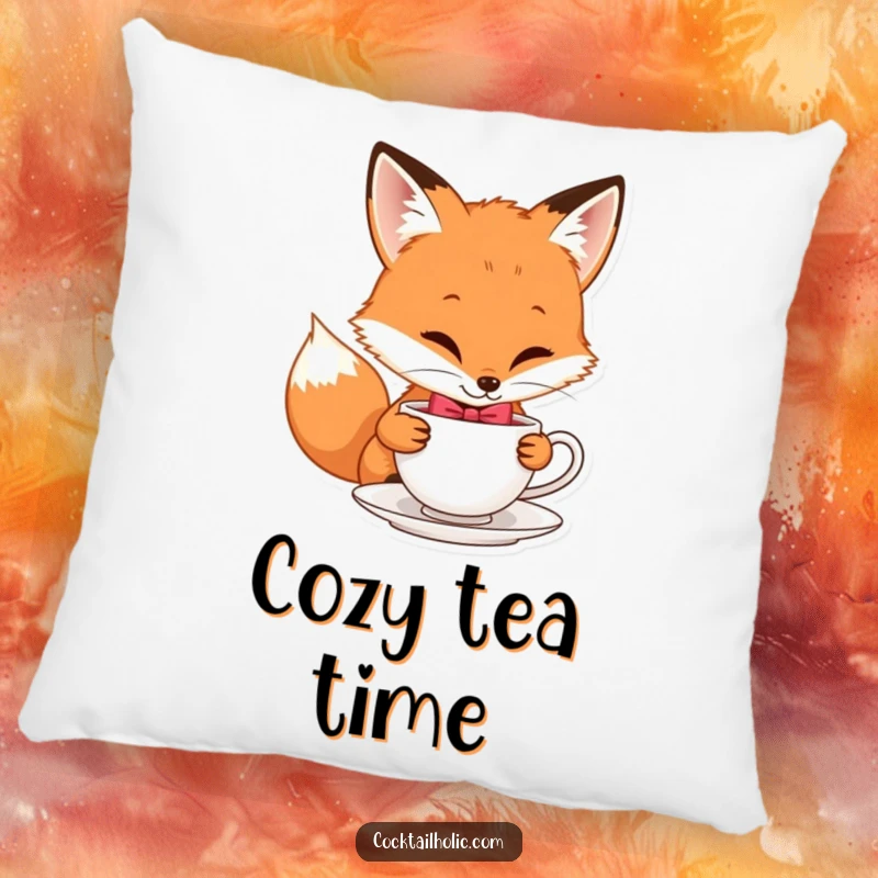 Funny pillow with a playful fox character in a bow tie sipping tea, adding humorous comfort.