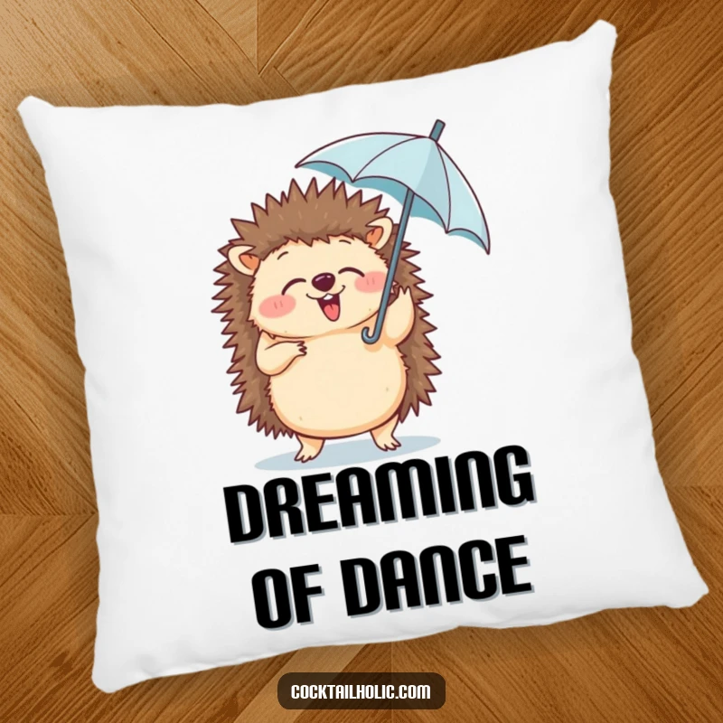 Funny pillow depicting a giggling hedgehog doing a silly dance, holding a tiny umbrella, perfect for cozying up.