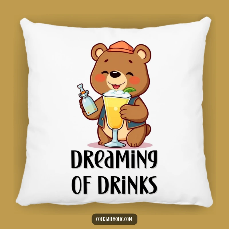 Funny Bear Bartender Cocktail Pillow - Cheerful Mixologist Couch Cushion