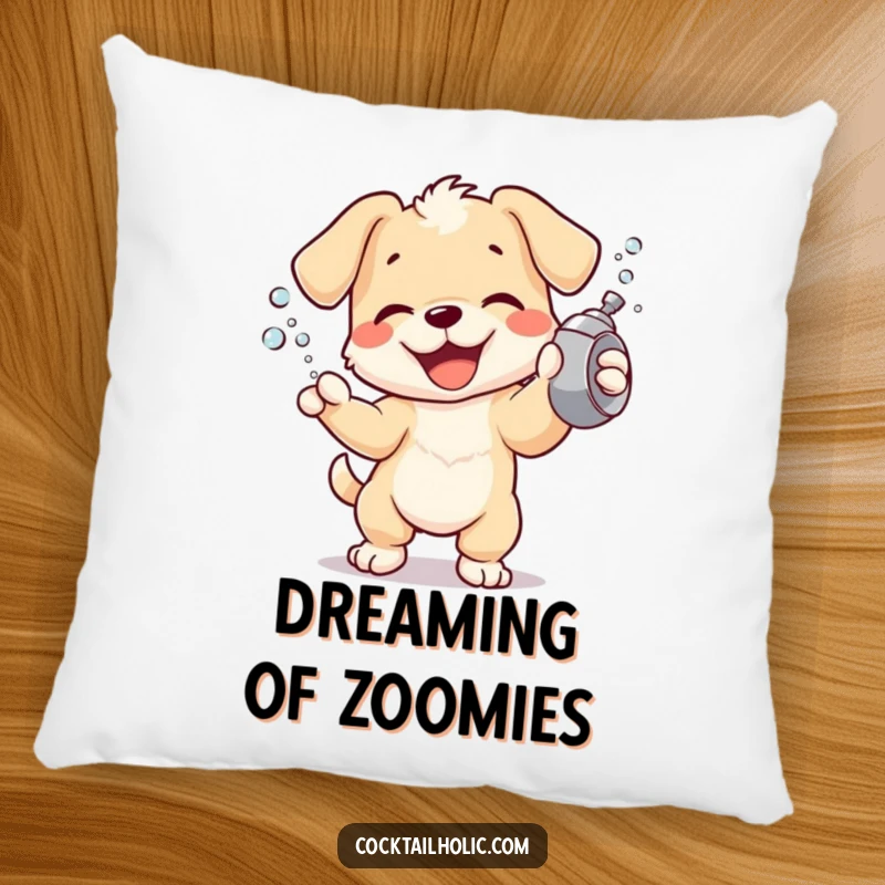 Joyful puppy character shaking a cocktail shaker with bubbles flying, depicted on a soft, decorative pillow.