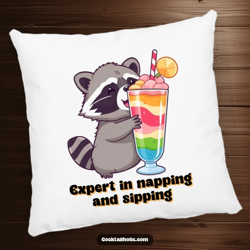 Funny raccoon pillow, showcasing a cute raccoon with wide eyes, reaching excitedly for a bright, layered drink.