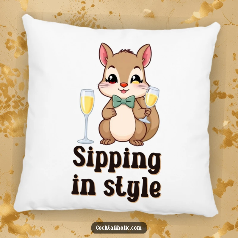 Funny squirrel in a bow tie, holding a champagne flute, on a decorative pillow.