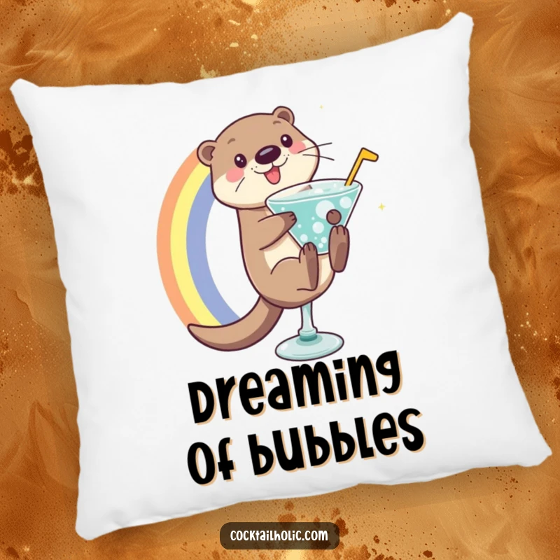 Playful otter character sliding down a rainbow into a bubbly cocktail glass, depicted on a soft decorative pillow.