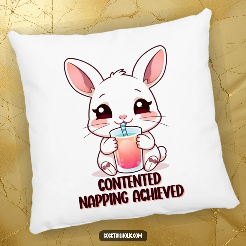 Funny pillow featuring a happy rabbit sipping a drink through a straw, perfect for adding soft humor and comfort.