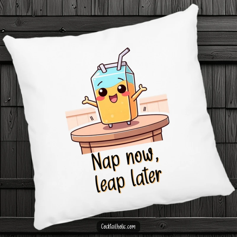 Funny pillow featuring a juice box with a straw energetically leaping from a table, adding a touch of whimsy and fun.