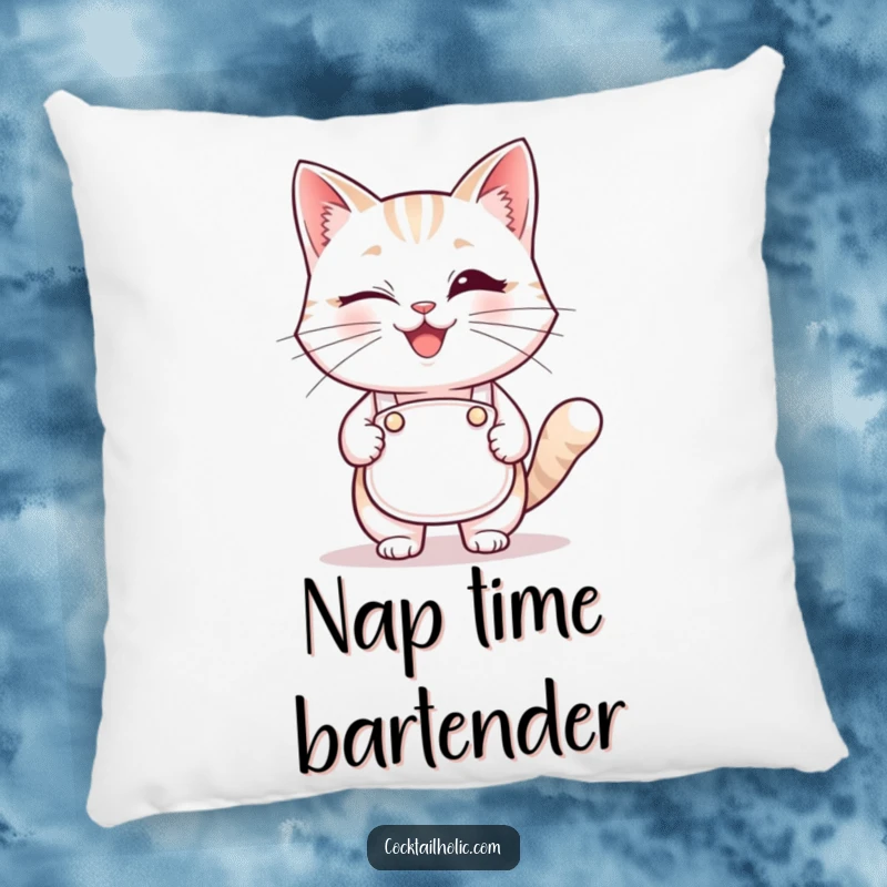 Funny winking cat bartender pillow, a soft and humorous decorative cushion for your home.