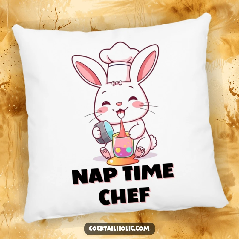 Funny pillow depicting a cheerful bunny chef accidentally spilling colorful liquid from a shaker, adding a touch of kitchen humor.