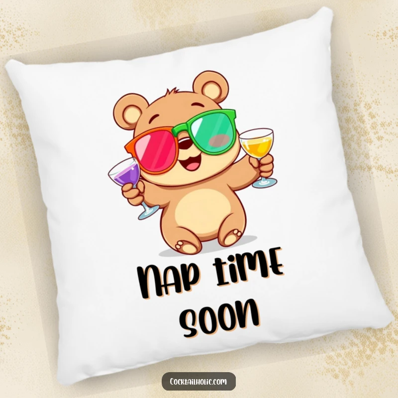Funny Pillow with a rosy-cheeked cartoon bear juggling colorful cocktail glasses, offering comfort and a touch of lighthearted fun and humor.