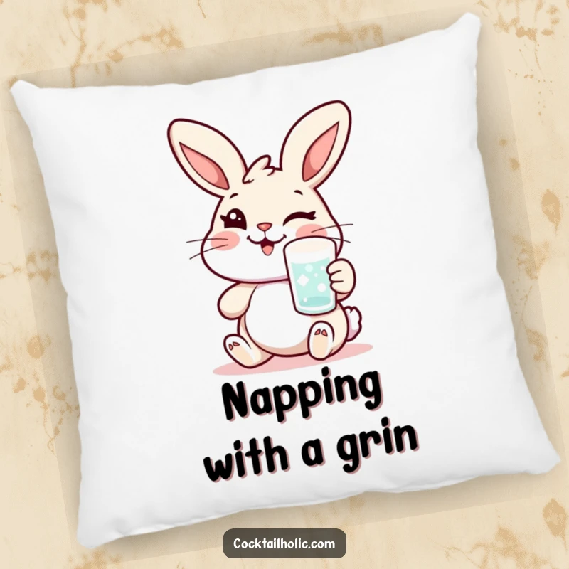Funny rabbit pillow with a cheerful character winking and holding a frosted glass, offering comfort and playful charm.