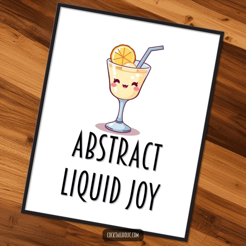 Funny Kawaii cocktail glass with a straw, hilariously attempting to sip a large bubble, humorous digital art for instant decor.